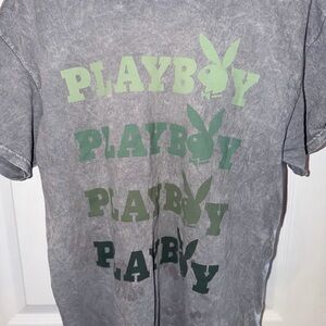 Playboy Women’s Grey Graphic Tee with Green Logo Print